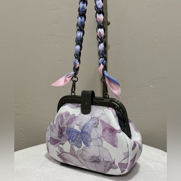 Butterfly Print Cowhide Leather Handmade Rivet Frame Push Lock Multi Use Handbag - Picture 6 of 16